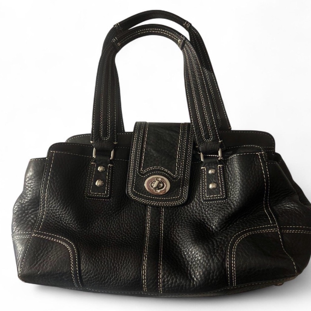 Coach Black Leather Satchel Handbag With White Stitching